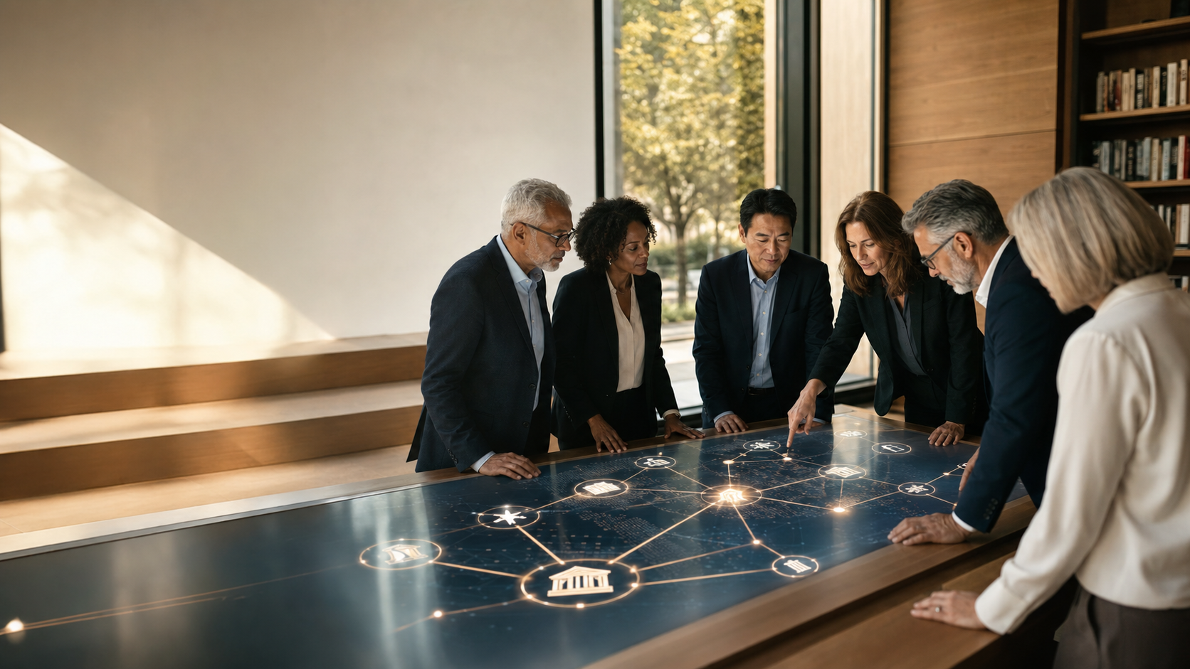 Executives and educators reviewing a learning pathway map