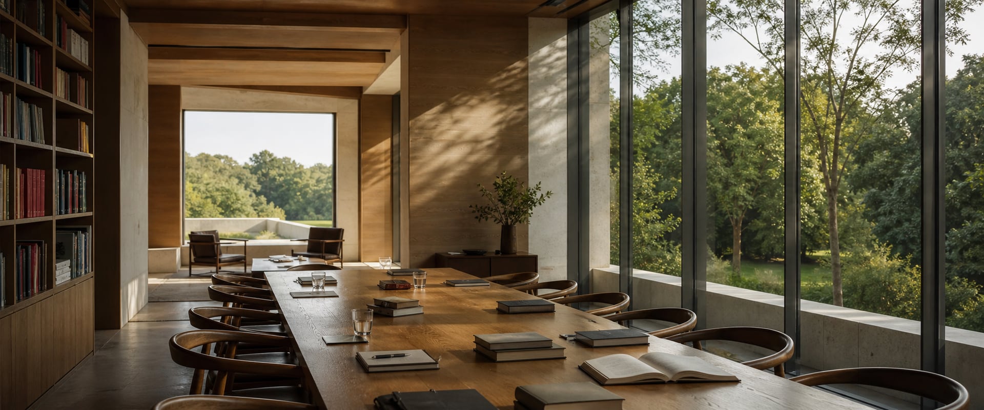 A sunlit executive learning salon with books and a seminar table.